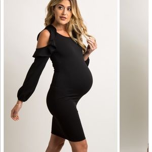 Black Ruffle Trim Puff Sleeve Maternity Dress